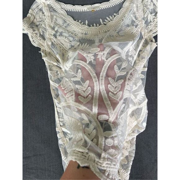 Capri sheer embroidered lace top women M ivory floral mesh boho blouse - Picture 5 of 6